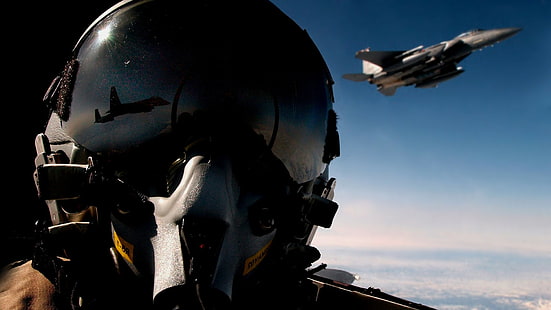 пилот, реактивен изтребител, отражение, облаци, каска, самолет, военен самолет, McDonnell Douglas F-15 Eagle, HD тапет HD wallpaper