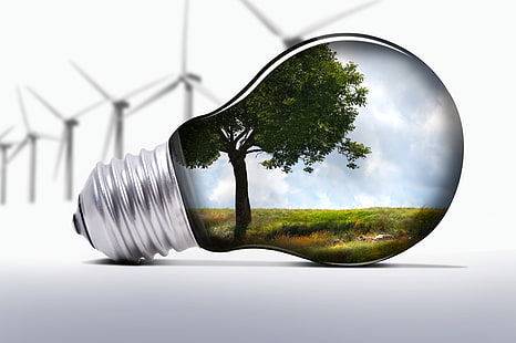 LED bulb illustration, light bulb, nature, windmills, ecology, HD wallpaper HD wallpaper