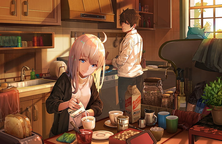 Anime Paar, Küche, Dessert, Sonnenlicht, Anime, HD-Hintergrundbild