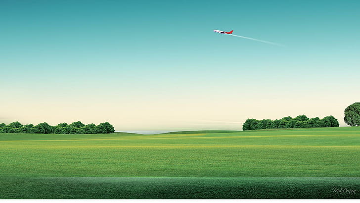Fliege weg, Bäume, Flugzeug, Feld, Weide, Reise, 3d und Zusammenfassung, HD-Hintergrundbild