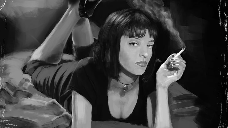 movies, Pulp Fiction, Uma Thurman, artwork, monochrome, painting, lying on front, in bed, cigarettes, smoke, women, actress, HD wallpaper