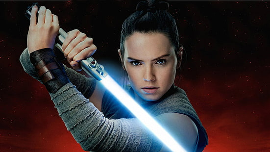 Star Wars, Star Wars: The Last Jedi, wanita, Daisy Ridley, Rey (dari Star Wars), lightsaber, Wallpaper HD HD wallpaper