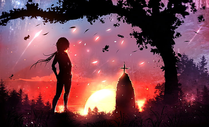 fond d'écran 3D de personnage anime, coucher de soleil, arbres, feuilles, Fond d'écran HD