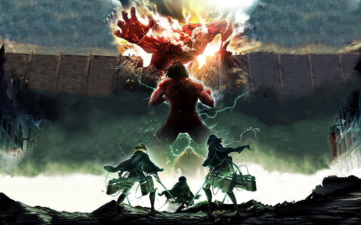 Attack on Titan anime illustration, Shingeki no Kyojin, Eren Jeager, Mikasa Ackerman, Armin Arlert, HD wallpaper