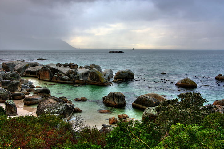 landscape photo of beach with rocks during daytime, Boulders Beach, HDR, landscape, photo, rocks, daytime, boulder  beach, south  africa, travel, tourism, sea, ocean  water, rock, stone, stones, seascape, clouds, serene, calm, quiet, mountain, silhouette, tree, scene, scenery, scenic, wide  angle, green, orange, red  blue, cyan, white, boulders, stock  photo, photograph, picture, image, resource, high  dynamic  range, composite, day, beach, nature, coastline, rock - Object, HD wallpaper