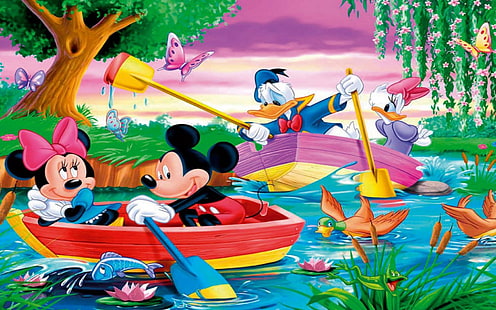 Mickey Mouse And Donald Duck River Boat Rowing Hd Desktop Wallpaper For Laptop And Tablet 1920×1200, HD wallpaper HD wallpaper