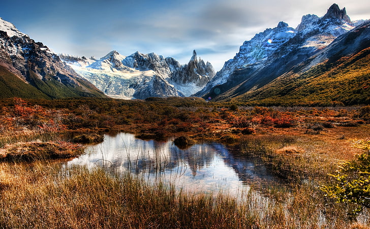 Landscape In Argentina, brown bushes and snowcup mountains, South America, Argentina, Nature, Landscape, Valley, Mountains, Pond, Snow, Wilderness, HD wallpaper