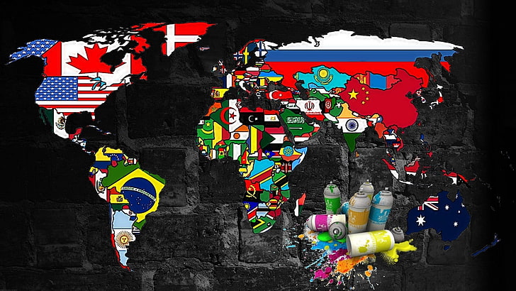 pintura de mapa rojo y multicolor, mundo, murales, spray, graffiti, mapa mundial, Fondo de pantalla HD