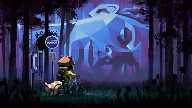 raccoons, payphone, bus stop, forest clearing, bicycle, night, HD wallpaper