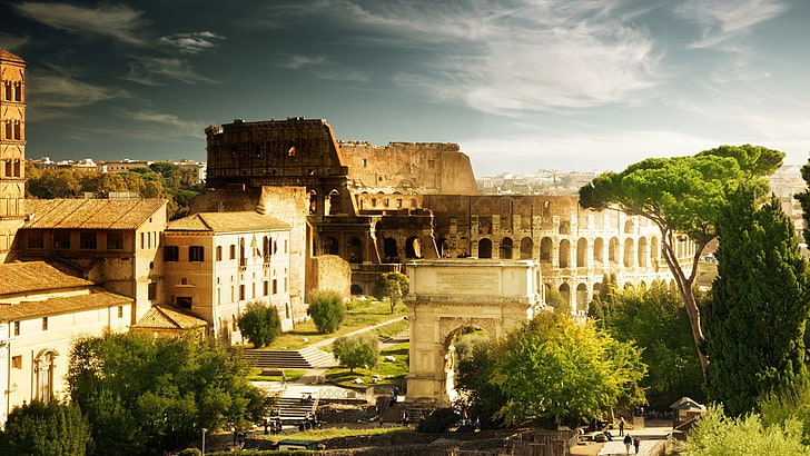 градски пейзаж, архитектура, Рим, Италия, стара сграда, дървета, руини, облаци, Колизеум, HD тапет