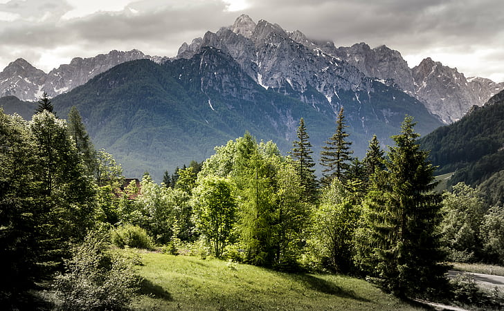 landscape photography of mountains, slovenia, slovenia, Slovenia, landscape photography, Wurzenpass, Save, Sava, outdoor, countryside, gray  mountain, clouds, sunlight, tree, mountain, nature, landscape, european Alps, outdoors, forest, scenics, summer, mountain Peak, HD wallpaper