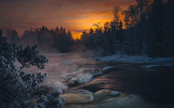 日没時の雪に覆われた川の絵画、ランギンコスキ、急流、雪に覆われた川、絵画、日没、ニコンd600、ニッコール、35mm、フィンランド、コトカ、冬、夜、暗い川、キミ、自然、森林、風景、木、風景、水、屋外、自然の美しさ、 HDデスクトップの壁紙