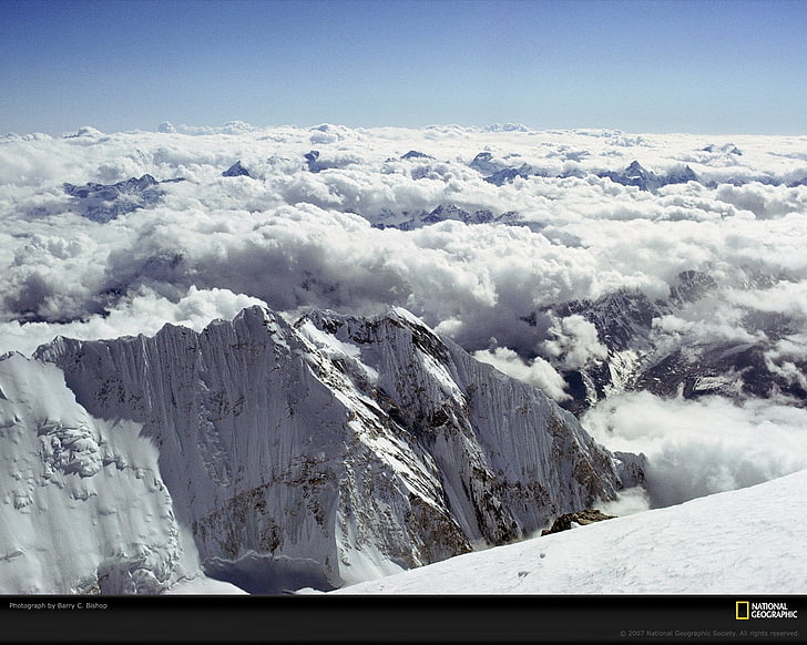 bergskydd med snö, National Geographic, berg, snö, moln, Himalaya, natur, HD tapet
