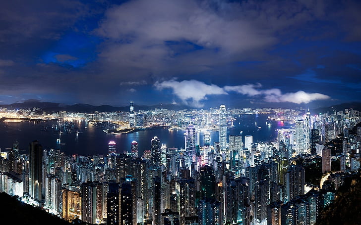 Hong kong, China, Night, Metropolis, Skyscrapers, Lights, Blue, Sky, Clouds, Panorama, View, Elevation, HD wallpaper