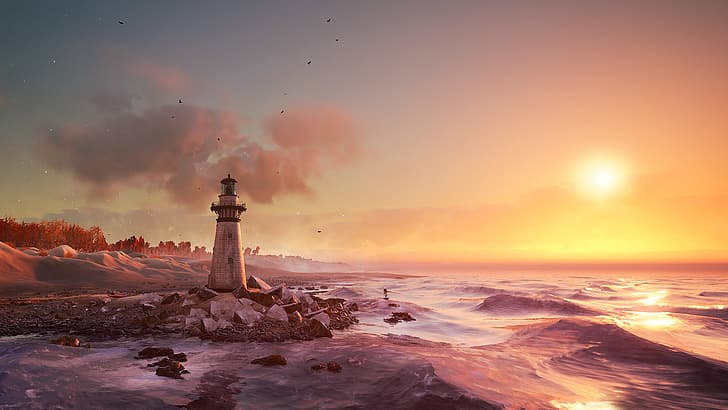 Unreal Engine 4, CGI, sztuka cyfrowa, 3D, latarnia morska, morze, krajobraz, Tapety HD