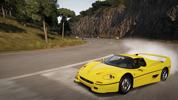 Ferrari, Ferrari F50, Forza Horizon 2, videogiochi, macchine gialle, Sfondo HD