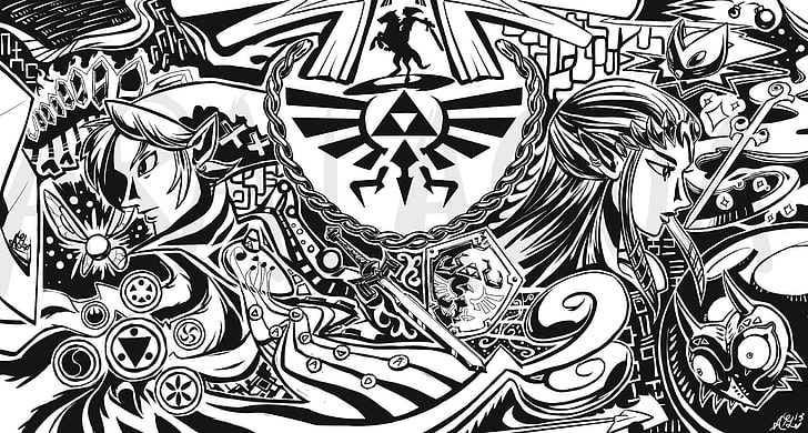 черно-белая абстрактная иллюстрация, Легенда о Зельде, Линк, Зельда, HD обои
