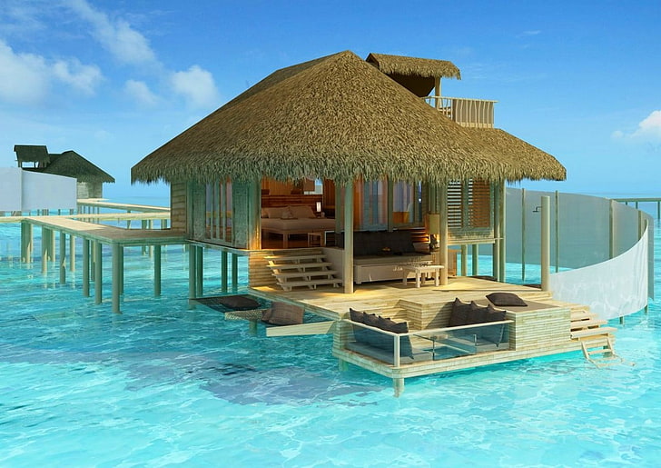 rumah pantai kayu krem, Maladewa, resort, laut, Madives Paradise, tropis, air, pirus, bungalow, alam, Wallpaper HD