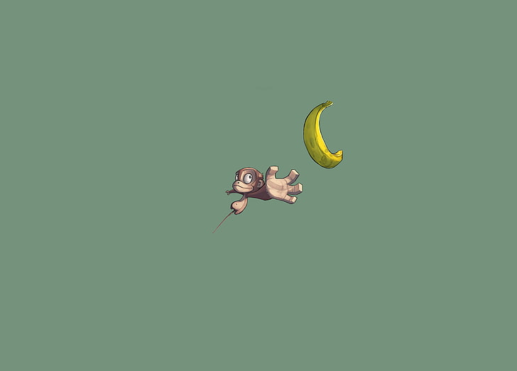 brown monkey illustration, animals, flight, green, background, hand, Monkey, banana, HD wallpaper