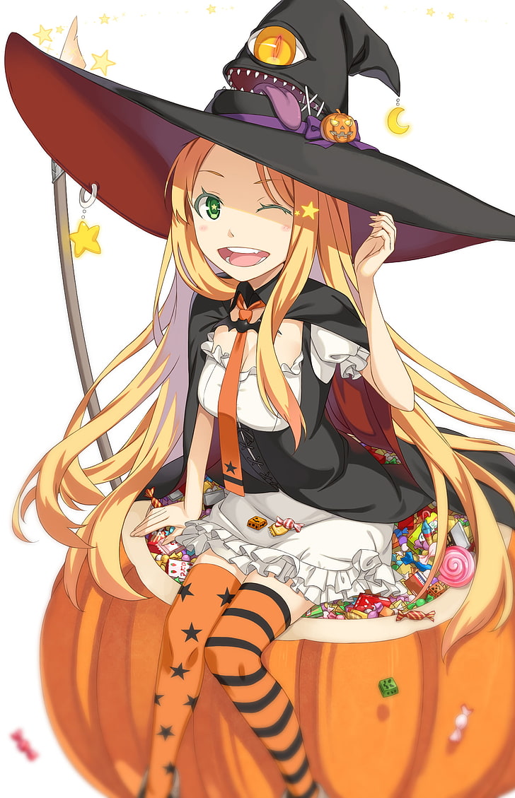 Halloween, witch hat, white  background, cleavage, thigh-highs, witch, blonde, HD wallpaper
