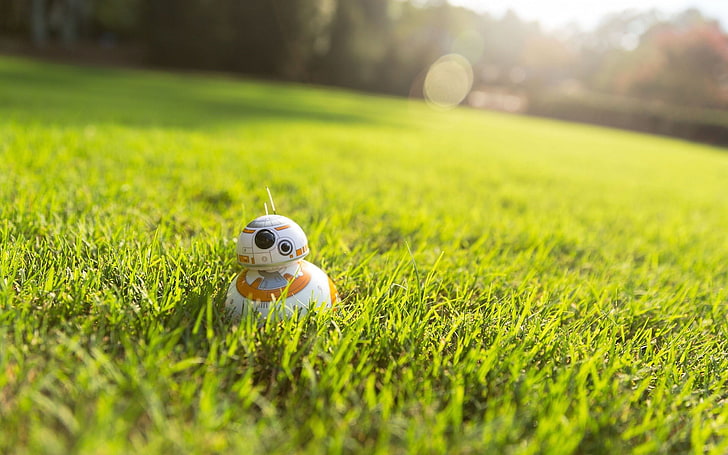 Star Wars BB-8 toy, BB-8 toy on green grass, Star Wars, BB-8, Toy, grass, tilt shift, HD wallpaper