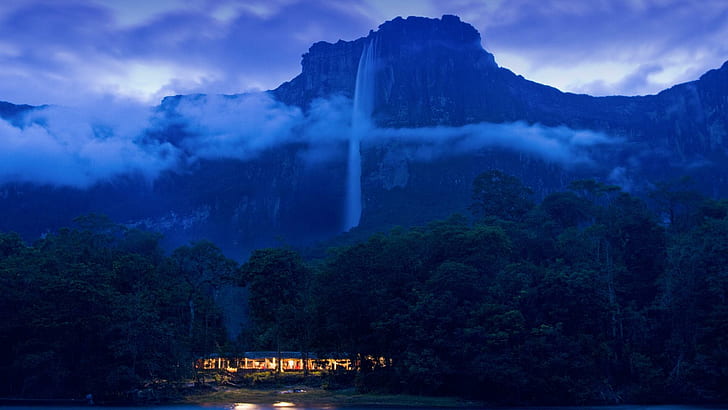 The Mighty Angel Falls In Venezuela, waterfall on brown mountain, mountain, waterfalls, dusk, resort, clouds, nature and landscapes, HD wallpaper