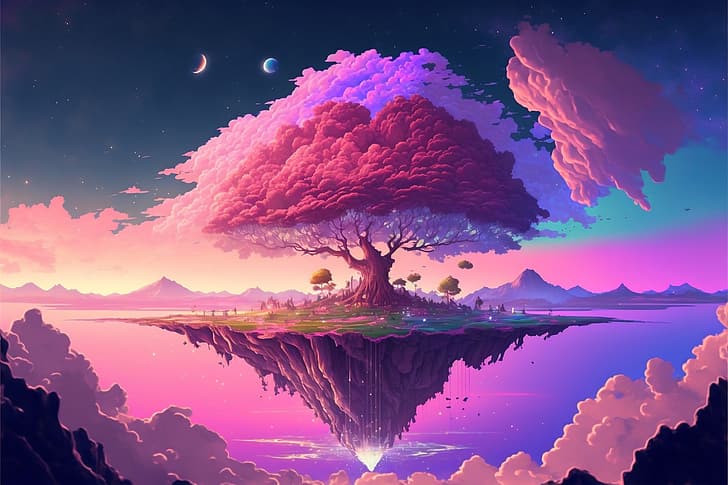 landscape, trees, island, floating island, pink (color), digital art, artwork, AI art, Moon, sky, clouds, pink clouds, Fantasy Island, HD wallpaper