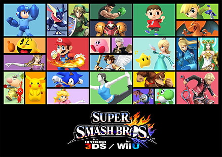 Super Smash Bros. , Super Smash Bros. สำหรับ Nintendo 3DS และ Wii U, Captain Olimar, Charizard (Pokémon), Collage, Donkey Kong, Greninja (Pokémon), Kirby, Link, Little Mac (Punch-Out !!), Mario, Mega Man, Meta Knight, Pac-Man, Palutena (Kid Icarus), Pikachu, Pit (Kid Icarus), Princess Peach, Robin (Fire Emblem), Rosalina (Mario), Samus Aran, Shulk (Xenoblade), Sonic the Hedgehog, Toon Link, ชาวบ้าน (Animal Crossing), Wii Fit Trainer, Yoshi, Zelda, วอลล์เปเปอร์ HD HD wallpaper