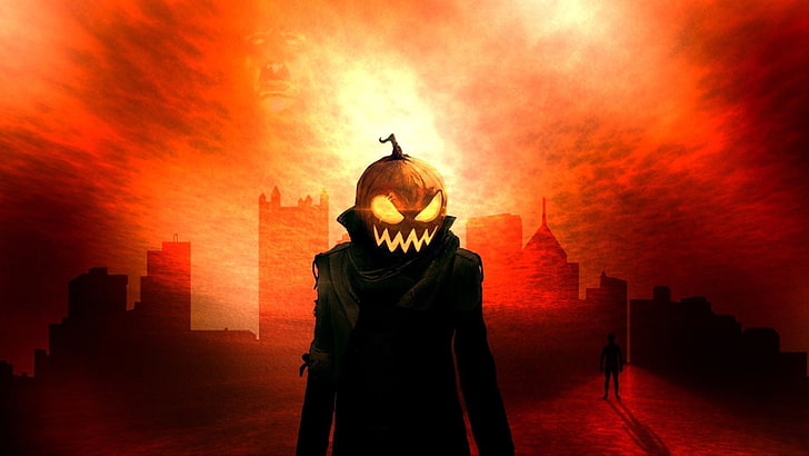 man with squash head illustration, pumpkin, face, Halloween, HD wallpaper