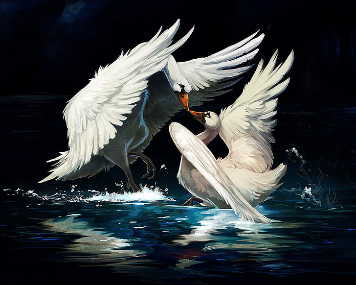 two mute swan painting, figure, 158, Swans, HD wallpaper