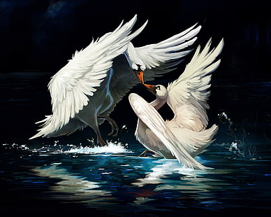 two mute swan painting, figure, 158, Swans, HD wallpaper HD wallpaper