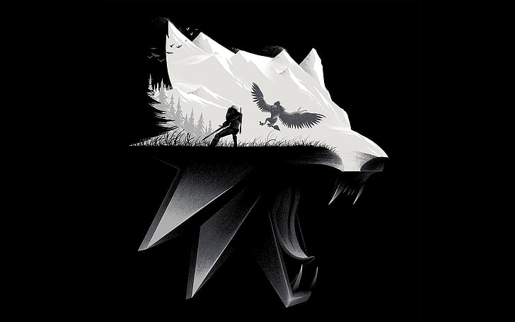 illustration de loup noir et blanc, The Witcher, jeux vidéo, loup, The Witcher 3: Wild Hunt, Fond d'écran HD