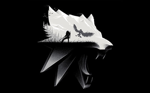 czarno-biała ilustracja wilka, Wiedźmin, gry wideo, wilk, Wiedźmin 3: Dziki Gon, Tapety HD HD wallpaper