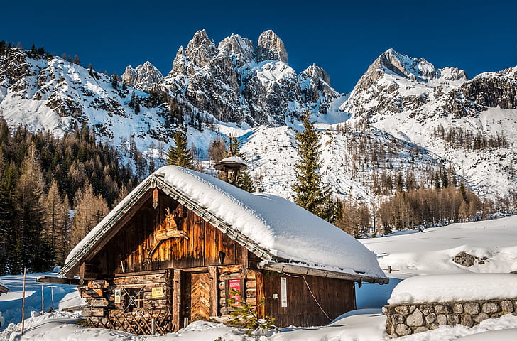 มนุษย์สร้างห้องโดยสารเทือกเขาแอลป์ออสเตรียภูเขาหิมะฤดูหนาว, วอลล์เปเปอร์ HD
