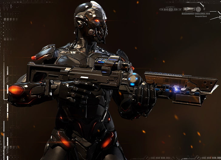 robô preto segurando ilustração de personagem de rifle, videogame, cyberpunk, StarCraft, arte digital, ficção científica, arma, HD papel de parede