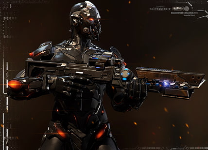 روبوت أسود يحمل بندقية شخصية التوضيح ، ألعاب الفيديو ، cyberpunk ، StarCraft ، الفن الرقمي ، الخيال العلمي ، سلاح، خلفية HD HD wallpaper