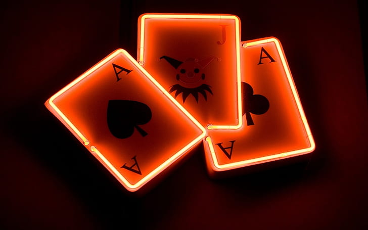 Kartu Cahaya, tiga kartu bermain, dekorasi yang menyala, poker, permainan, Wallpaper HD