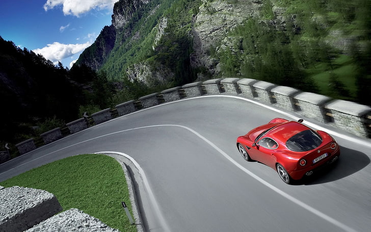 red coupe, road, auto, nature, speed, alfa-romeo, HD wallpaper