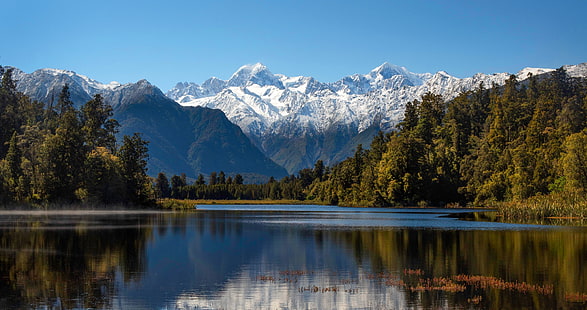  the sky, the sun, trees, mountains, lake, New Zealand, Lake Matheson, Matheson, HD wallpaper HD wallpaper