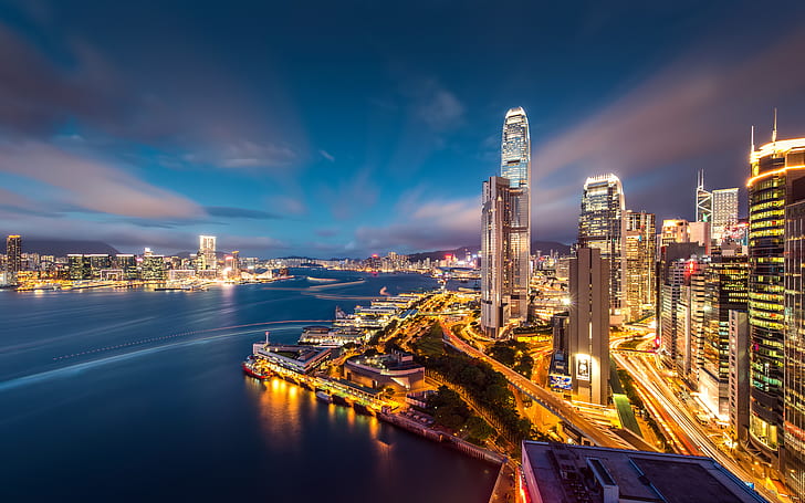 le ciel, les lumières, la construction, Hong Kong, les gratte-ciel, le soir, la baie, la mégapole, Fond d'écran HD