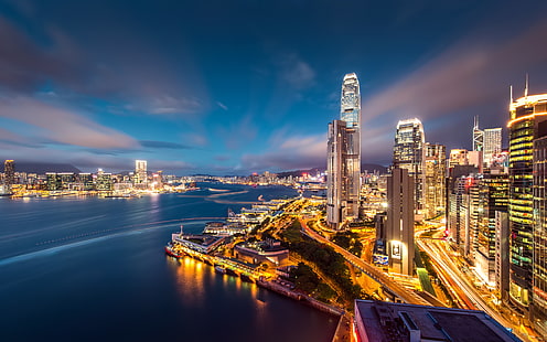 der Himmel, Lichter, Gebäude, Hong Kong, Wolkenkratzer, der Abend, Bucht, Megapolis, HD-Hintergrundbild HD wallpaper