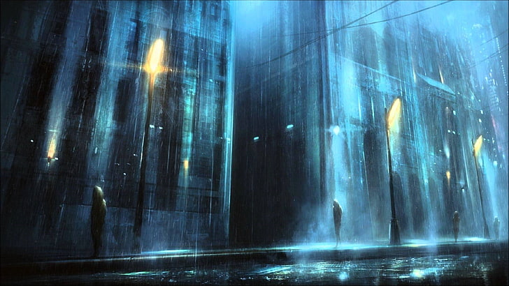 person walking near light post digital wallpaper, rain, lantern, street, dark, depressing, fantasy art, artwork, cyan, gloomy, city, wet street, HD wallpaper