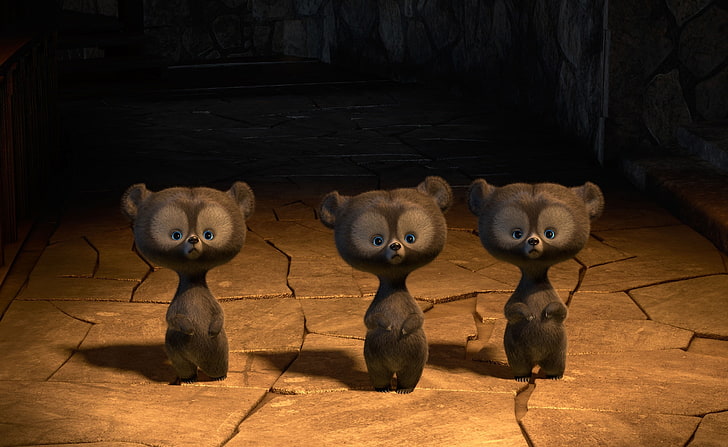 Brave Triplet Bear Cubs, szara ilustracja zwierząt, Kreskówki, Odważny, Niedźwiedź, młode, 2012, Trójka, Tapety HD