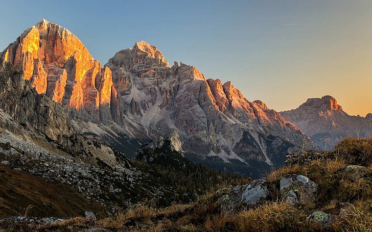 fotografia de montanha durante o pôr do sol, natureza, paisagem, montanhas, Dolomitas (montanhas), grama, floresta, verão, HD papel de parede