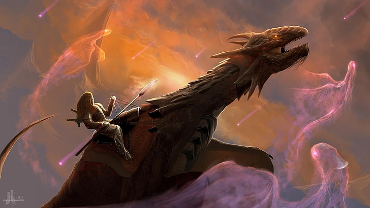 мужчина держит копье езда дракон иллюстрации, цифровое искусство, рисунок, небо, дракон, воин, полет, HD обои