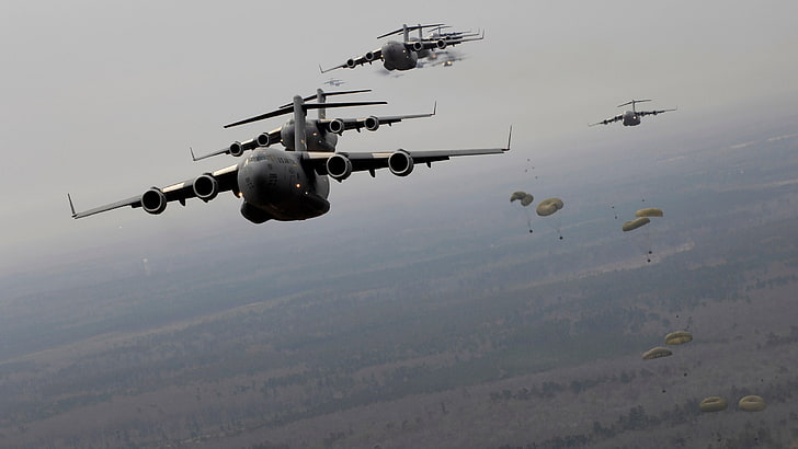 wojskowe, samoloty, samoloty wojskowe, samoloty, spadochroniarze, US Air Force, Boeing C-17 Globemaster III, Tapety HD