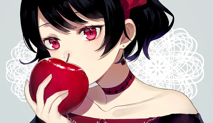 Anime girl, eating apple, black hair, red eyes, earring, Anime, HD  wallpaper | Wallpaperbetter