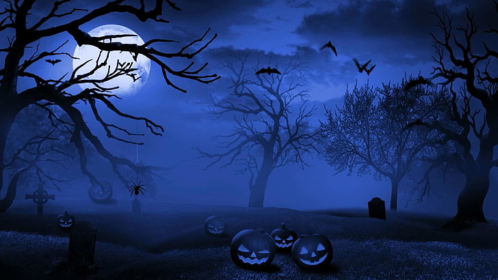 Праздник, Хэллоуин, Летучая мышь, Синий, Кладбище, Джек-о-фонарь, Луна, Ночь, Паук, HD обои