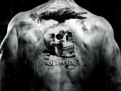 1600x1200, гръб, консумативи, човек, филм, гарван, череп, татуировка, HD тапет HD wallpaper