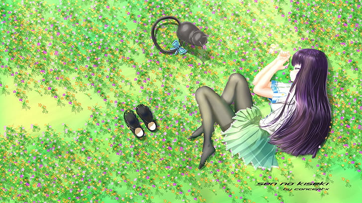 anime, anime girls, cat, long hair, skirt, grass, HD wallpaper